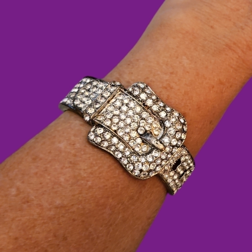 Vintage Rhinestone Bling Belt Chunky Clamper Bracelet